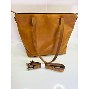 Brown Leather Tote Bag Zip Top Shoulder Carry Removable Strap Work S-ZONE
